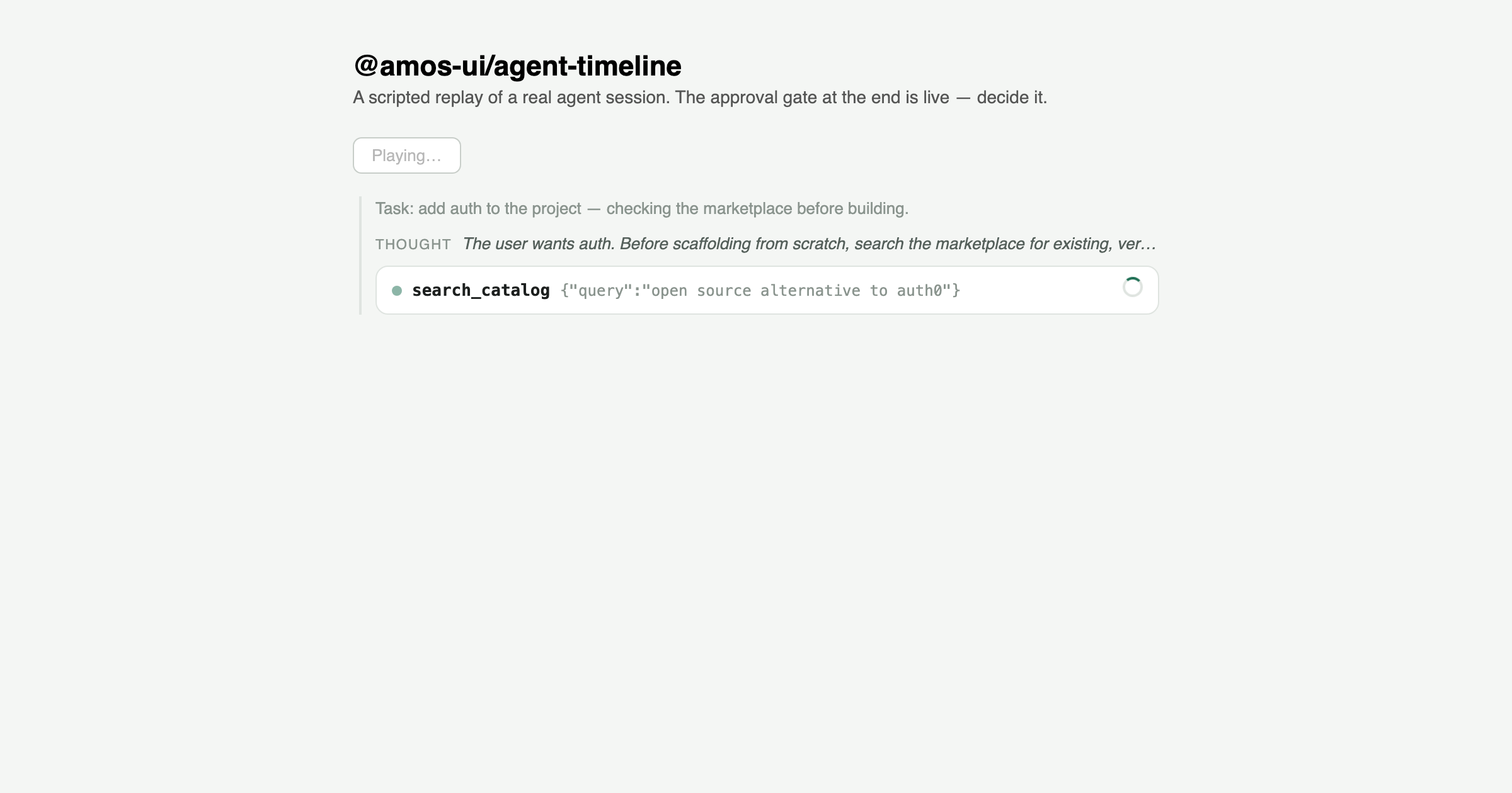 Agent timeline — a live run rendered as an inspectable trace (captured 2026-08-10 from /demos/agent-timeline/index.html)