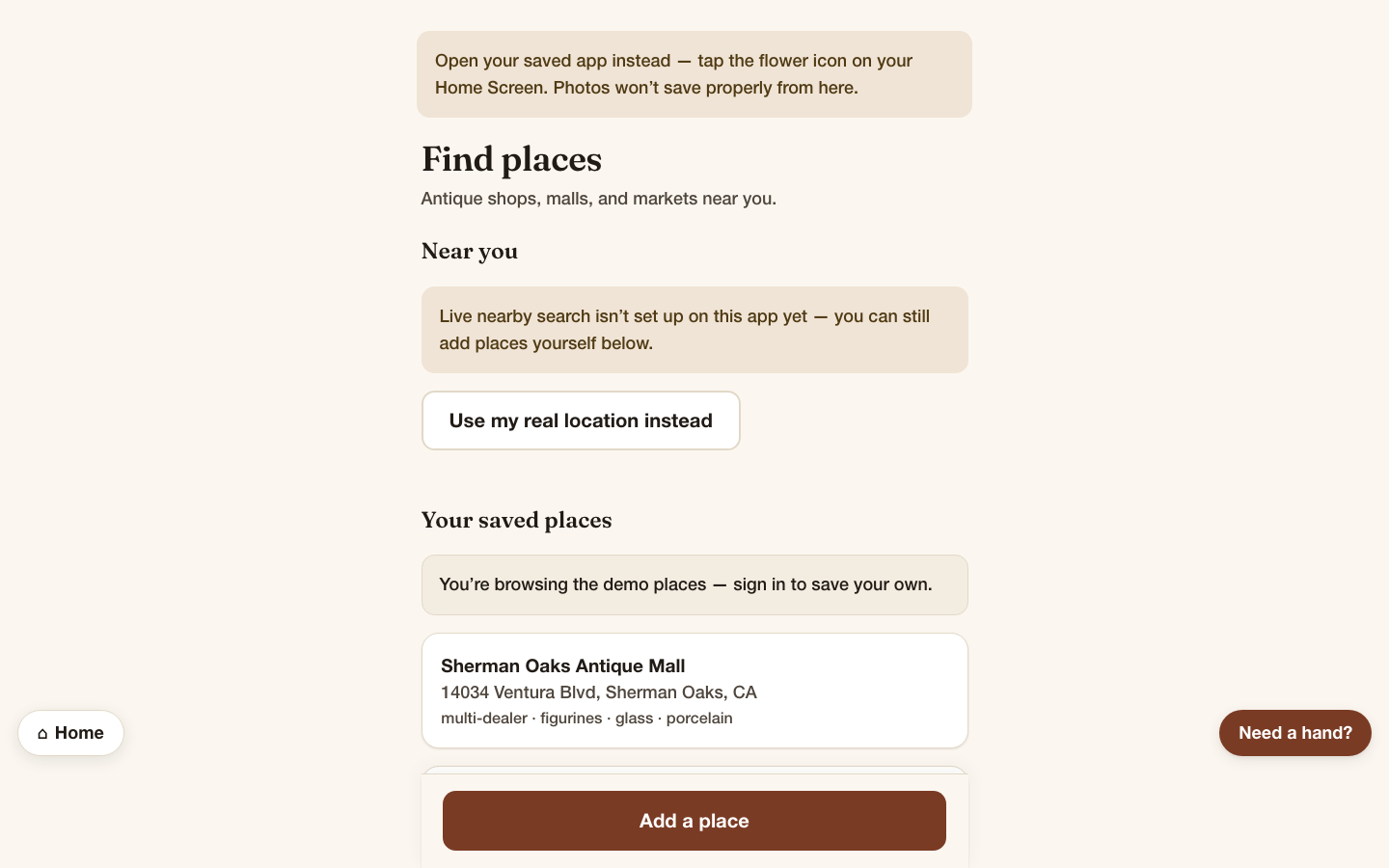 Antique Companion — places screen with curated demo locations (captured 2026-09-19 from amos-products/antique-companion (next start, DEMO_MODE, local))