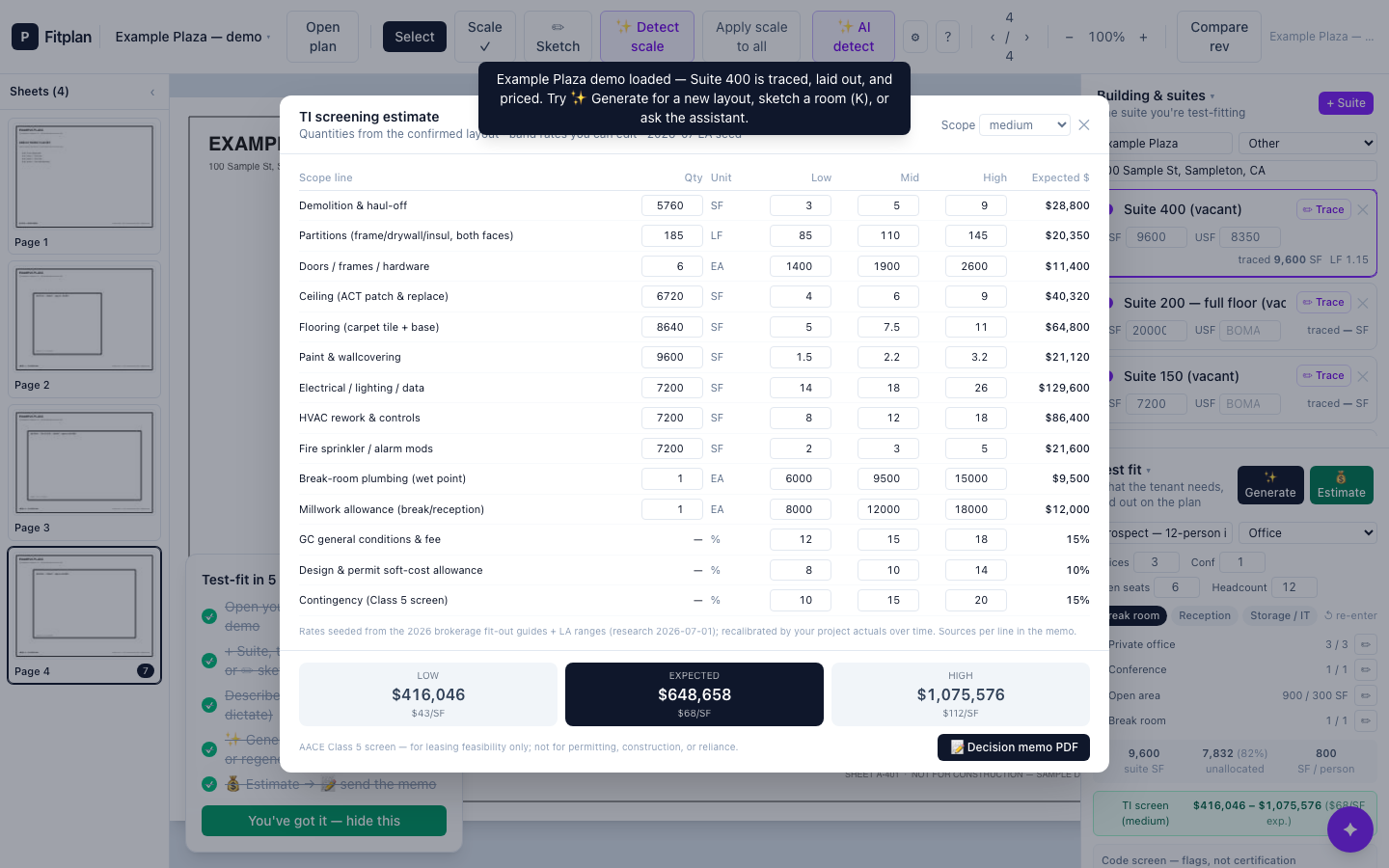 Fitplan — tenant-improvement screening estimate (Low / Expected / High) (captured 2026-09-19 from amos-products/fitplan (vite preview, local))