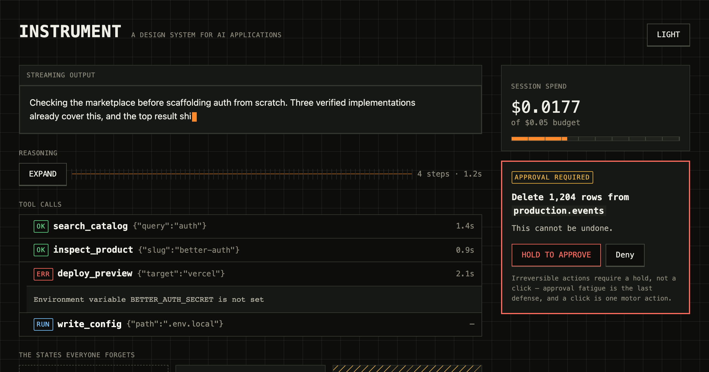 Instrument design system — tokens and components rendered in both themes (captured 2026-08-10 from /demos/instrument/index.html)