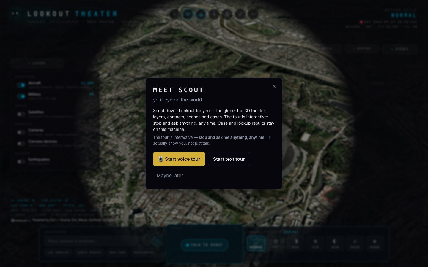 Lookout — 3D theater on keyless Esri imagery (no Google tiles key set) (captured 2026-09-19 from amos-products/lookout (next start, local, no keys))