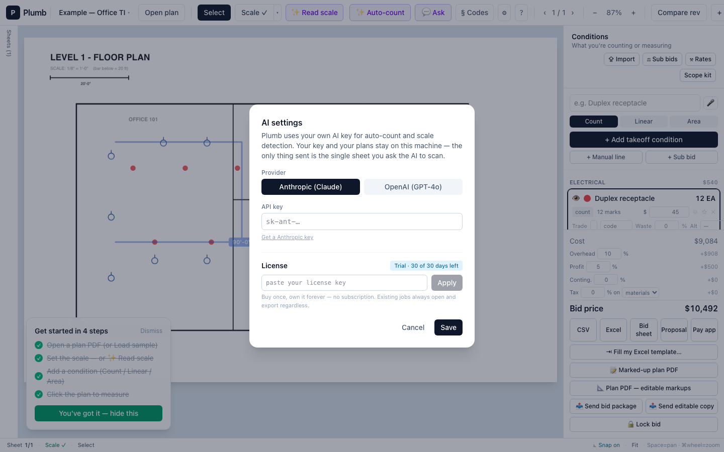 Plumb — AI settings: bring your own key, licence and trial (captured 2026-09-19 from amos-products/plumb (vite preview, local))