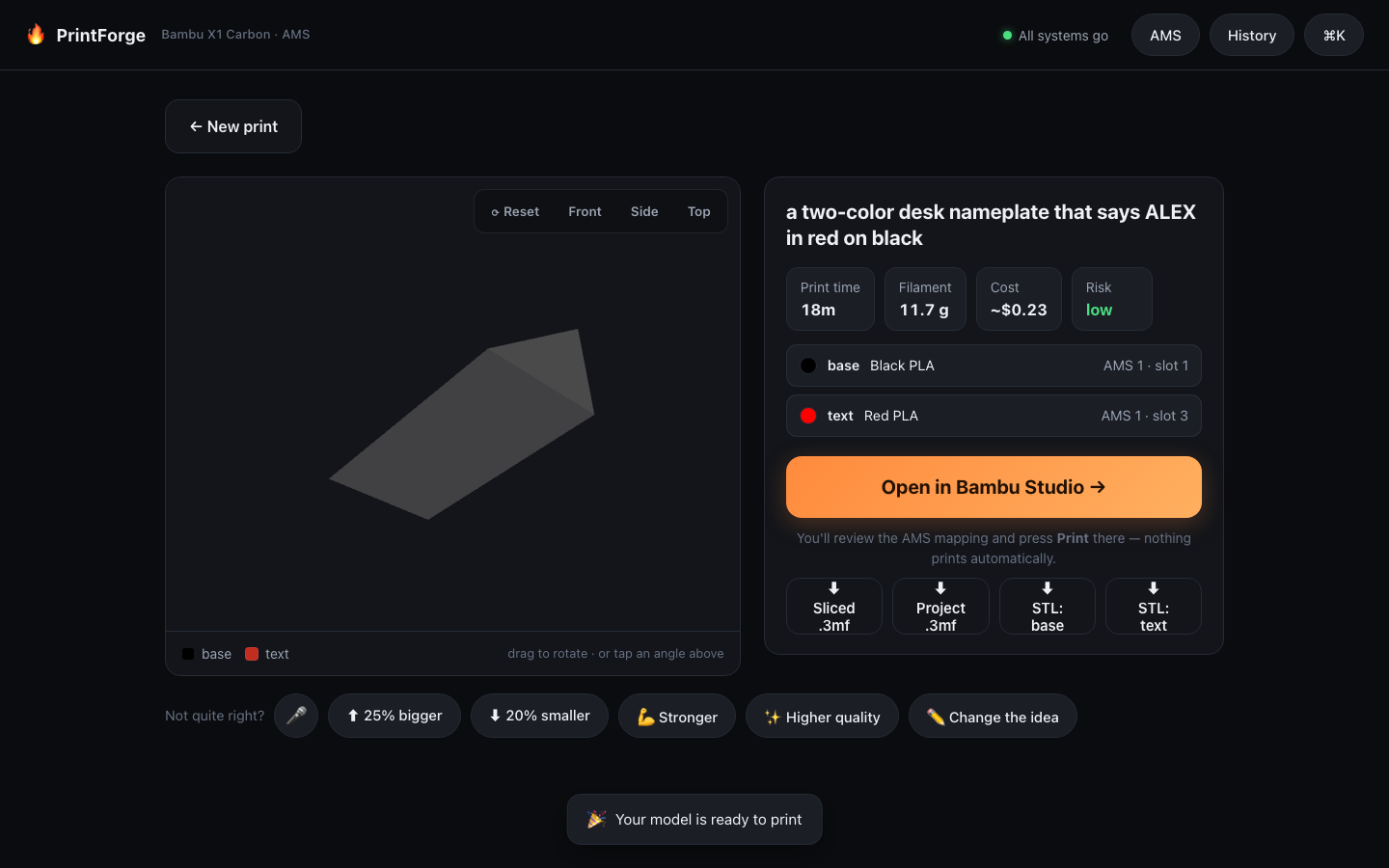PrintForge — ready screen: 3D preview, AMS colour mapping, cost and time, open in Bambu Studio (captured 2026-09-19 from amos-products/printforge (local FastAPI + Vite, keys from env, no print sent))