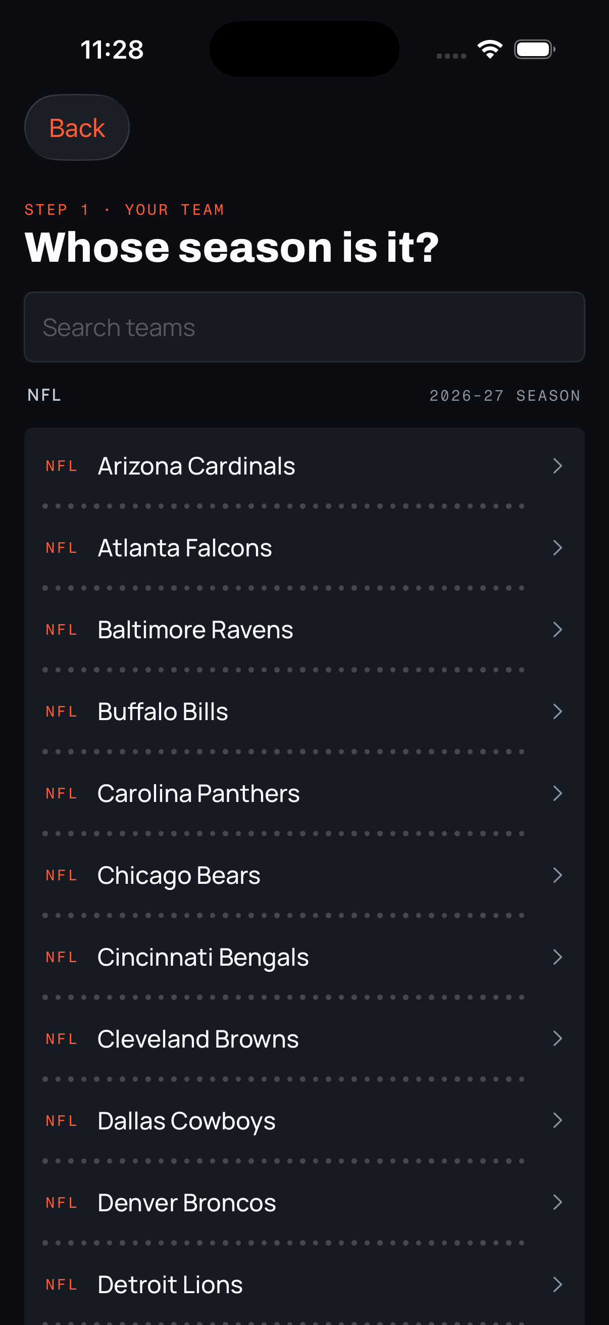 Season Ticket Club — team picker, iOS Simulator build with placeholder data (captured 2026-09-19 from amos-products/season-ticket-club (iOS Simulator, unsigned build))