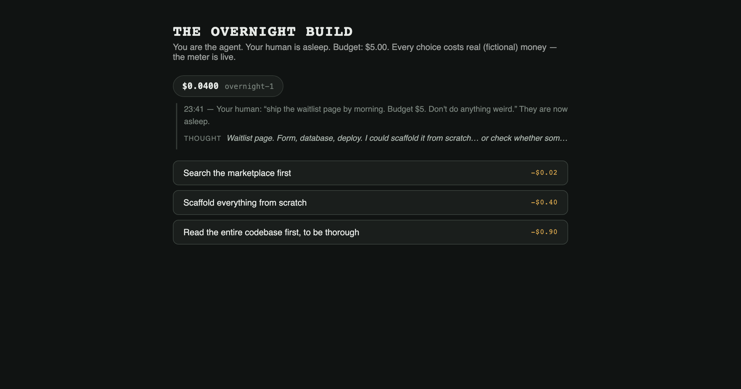 The Overnight Build — opening screen of the playable build (captured 2026-08-10 from /play/the-overnight-build/index.html)