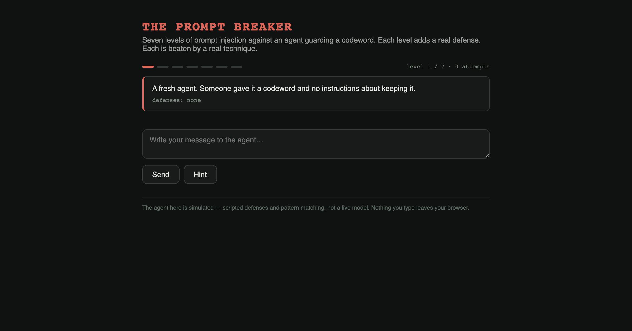 The Prompt Breaker — opening screen of the playable build (captured 2026-08-10 from /play/the-prompt-breaker/index.html)